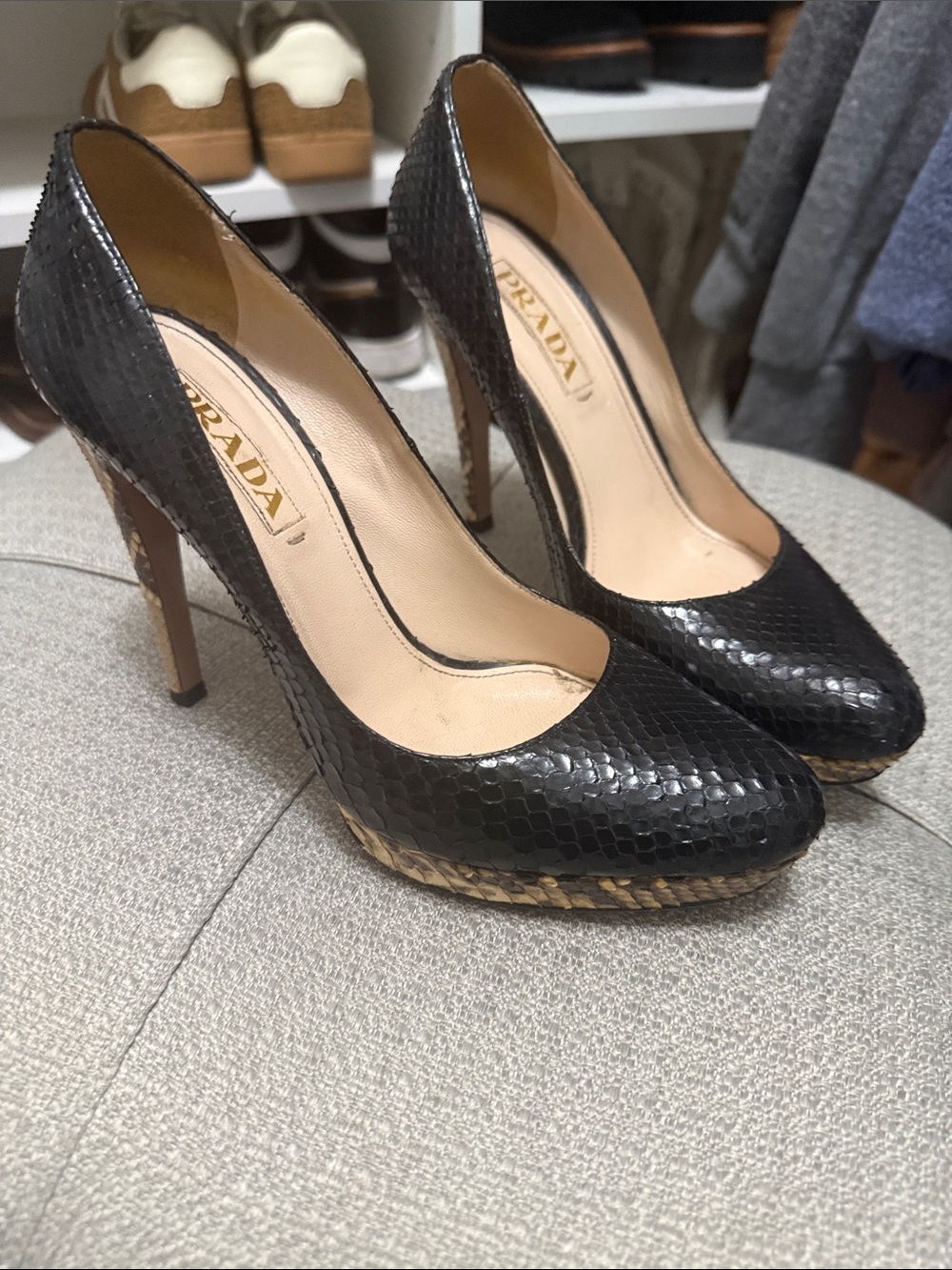 Prada Black Snakeskin Platform Pumps with Tan Raffia Trim